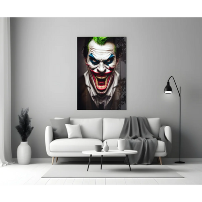 Menacing Joker glass wall art with vibrant green mohawk on canvas
