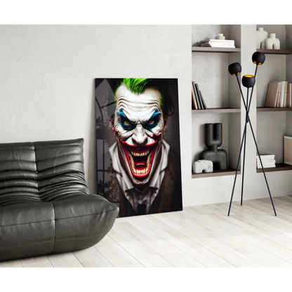 Vivid Joker glass wall art with green mohawk and bold red lips