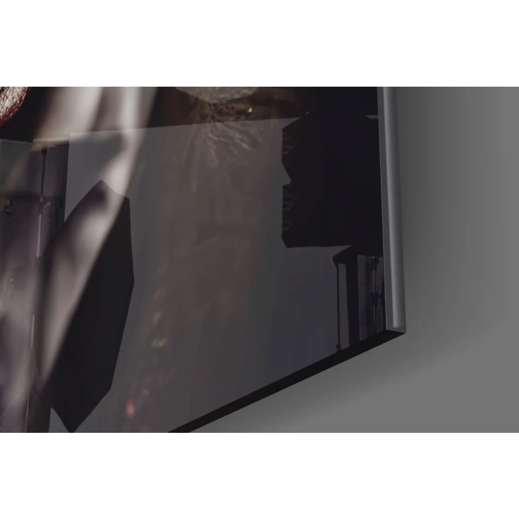 Menacing Joker glass wall art with vibrant green mohawk TV display