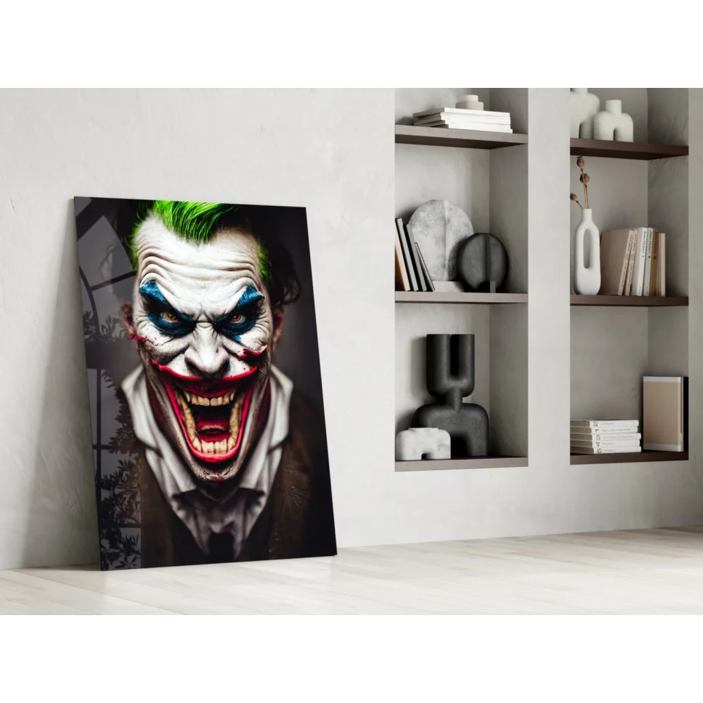 Menacing Joker glass wall art with vibrant green mohawk portrait