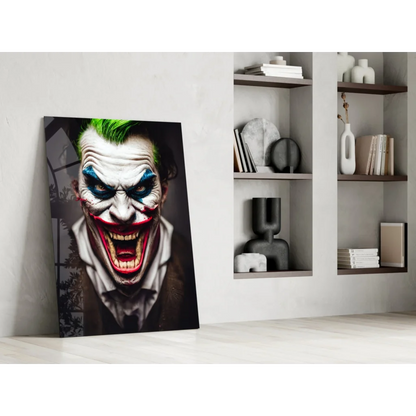 Menacing Joker glass wall art with vibrant green mohawk portrait