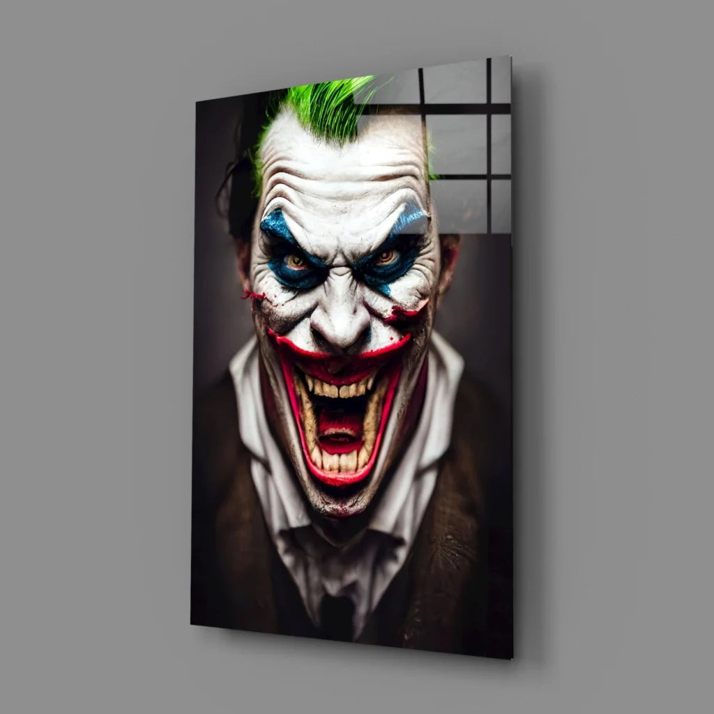 Menacing Joker glass wall art with vibrant green mohawk and bold red lips