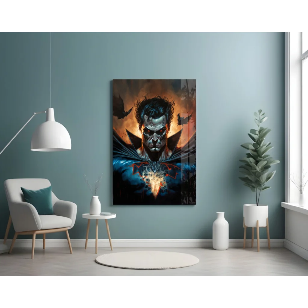 Menacing superhero glass wall art with fiery glowing red eyes