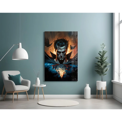 Menacing superhero glass wall art with fiery glowing red eyes