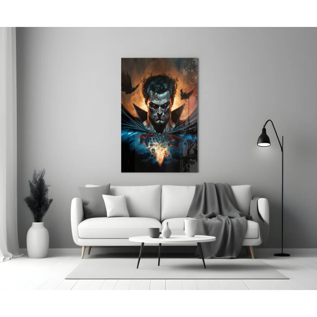 Menacing superhero glass wall art with fiery glowing red eyes