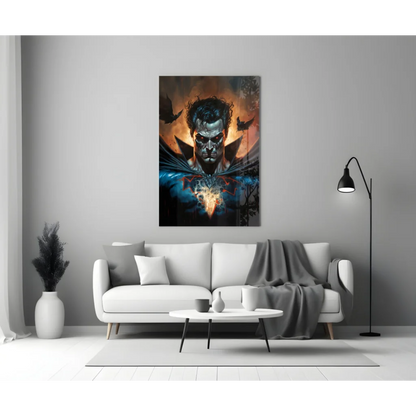 Menacing superhero glass wall art with fiery glowing red eyes