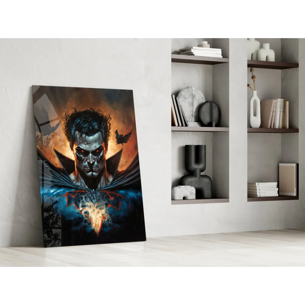 Menacing superhero glass wall art with fiery red eyes and dark costume
