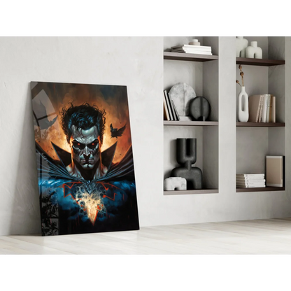 Menacing superhero glass wall art with fiery red eyes and dark costume