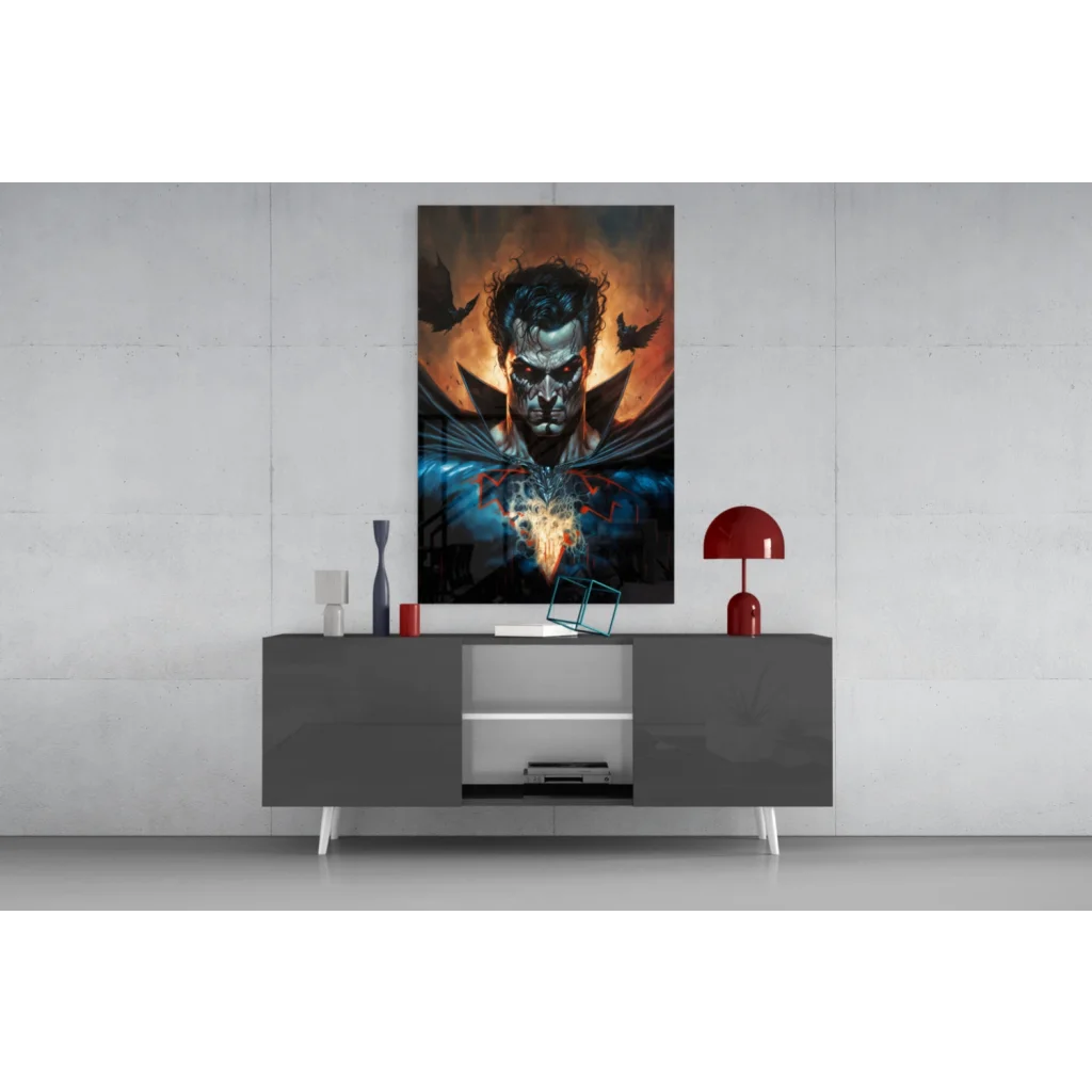 Menacing superhero glass wall art with fiery glowing eyes and winged pose