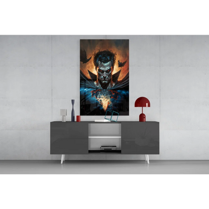 Menacing superhero glass wall art with fiery glowing eyes and winged pose