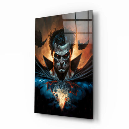 Menacing superhero glass wall art with pale character, red eyes, fiery patterns