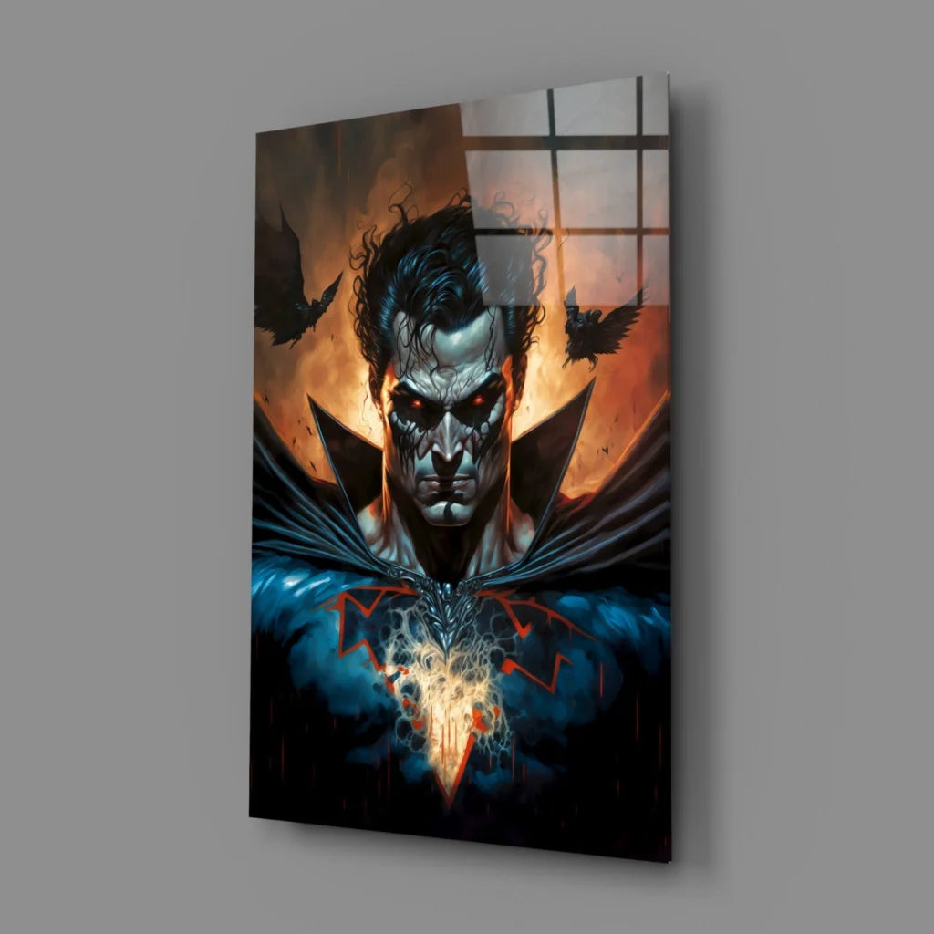 Menacing superhero glass wall art with fiery glowing red eyes