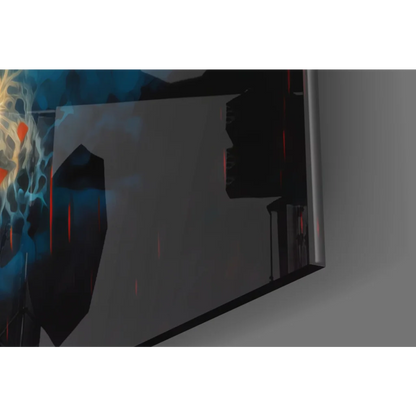 Menacing superhero glass wall art with fiery glowing eyes on sleek digital display