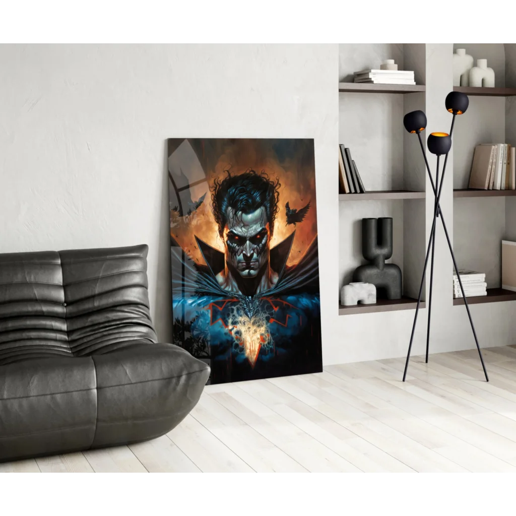Striking Joker glass wall art with fiery glowing red eyes