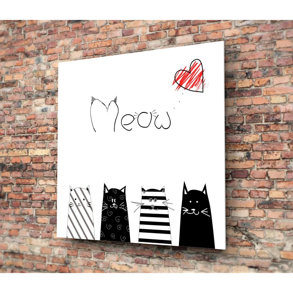 Meow cats tempered glass art with red heart and black cats