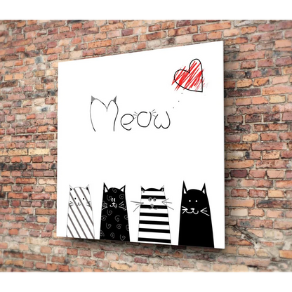 Meow cats tempered glass art with red heart and black cats