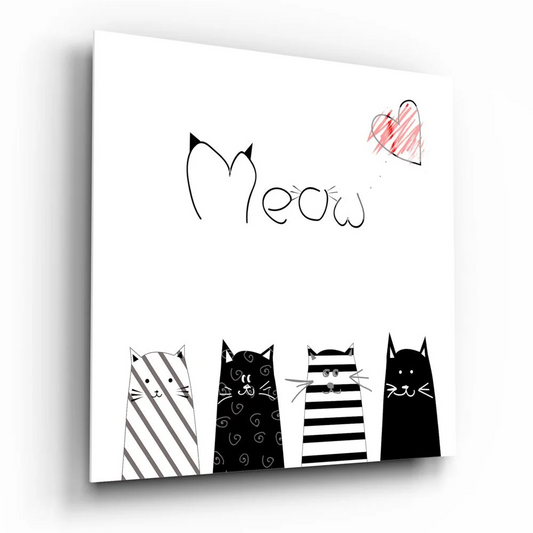 Meow cats tempered glass art with red heart and illustrated cats