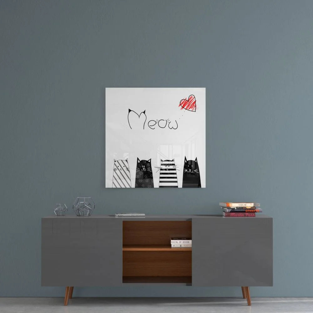 Meow cats tempered glass art with black cartoon cats and red heart