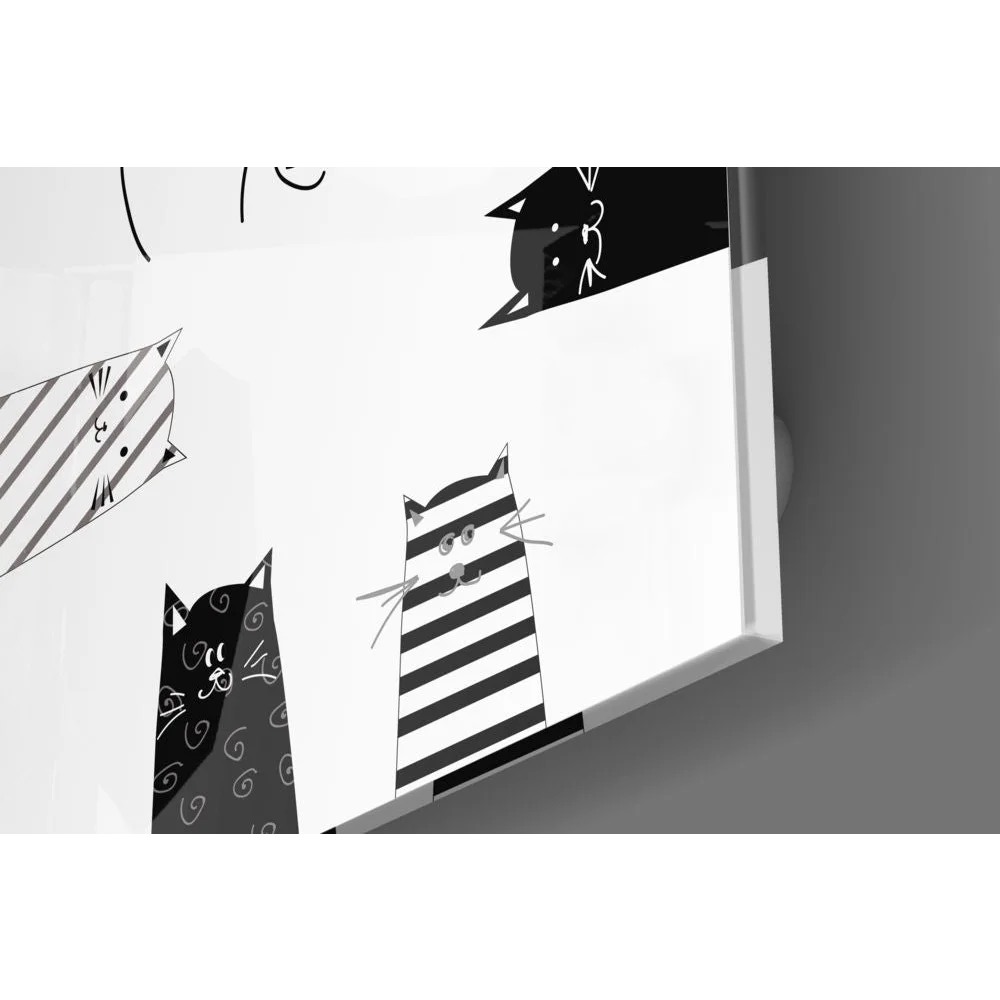 Black and white cat tempered glass art with playful designs and size guide