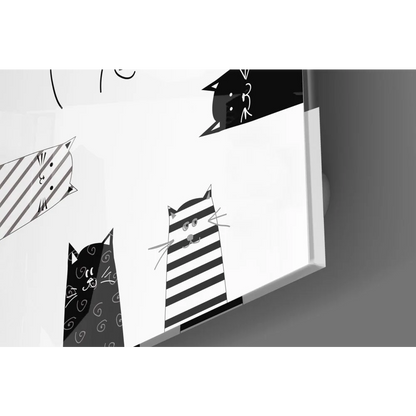 Black and white cat tempered glass art with playful designs and size guide