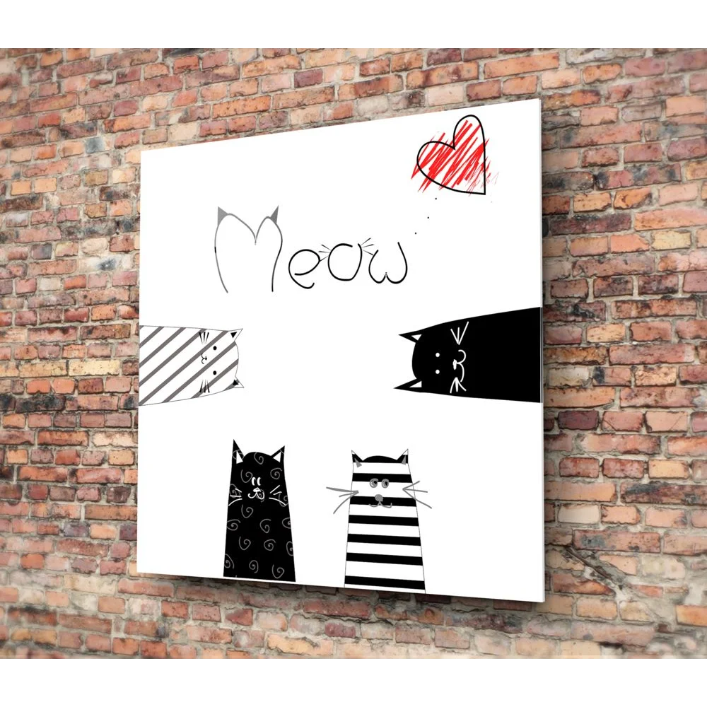 Black and white cat tempered glass art with meow text and size guide