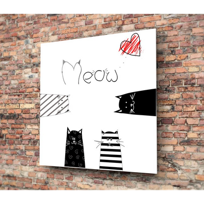 Black and white cat tempered glass art with meow text and size guide