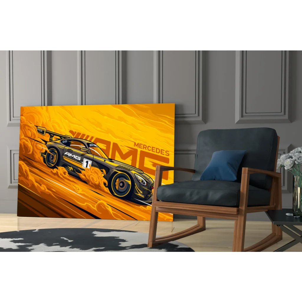 Vibrant yellow Mercedes-AMG race car canvas wall art with gold accents and flames