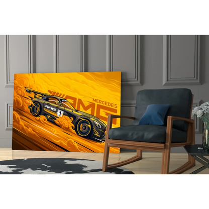 Vibrant yellow Mercedes-AMG race car canvas wall art with gold accents and flames