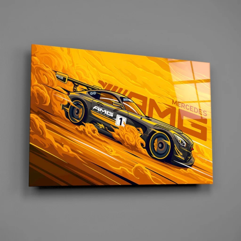 Vibrant Mercedes-AMG race car canvas wall art with flames