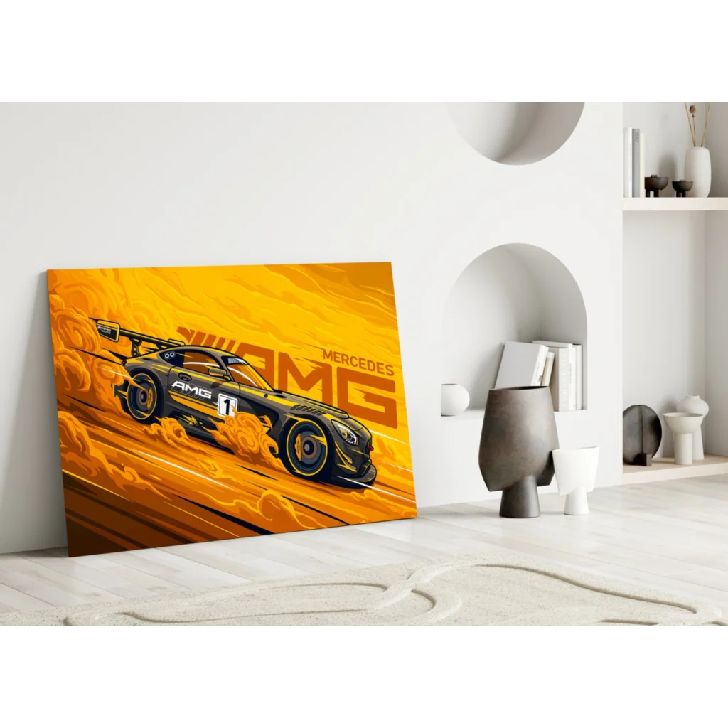 Vibrant Mercedes-AMG race car wall art canvas with flames