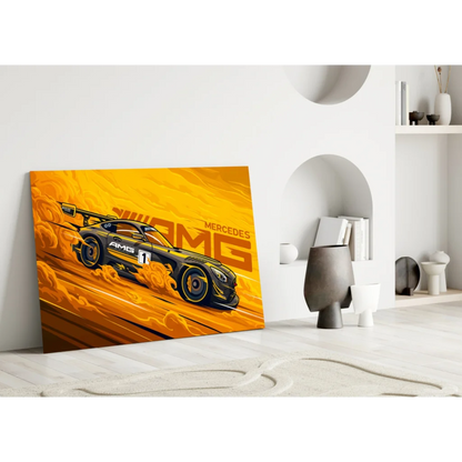 Vibrant Mercedes-AMG race car wall art canvas with flames