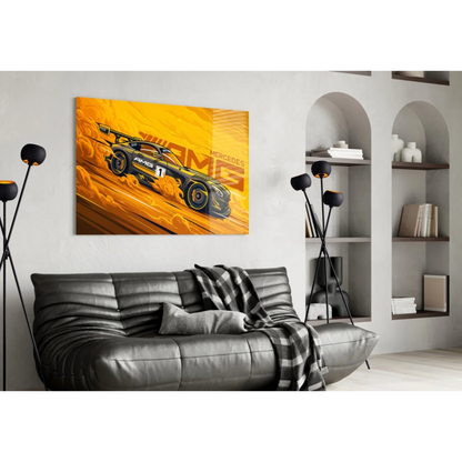 Vibrant yellow Mercedes-AMG race car canvas wall art with flames