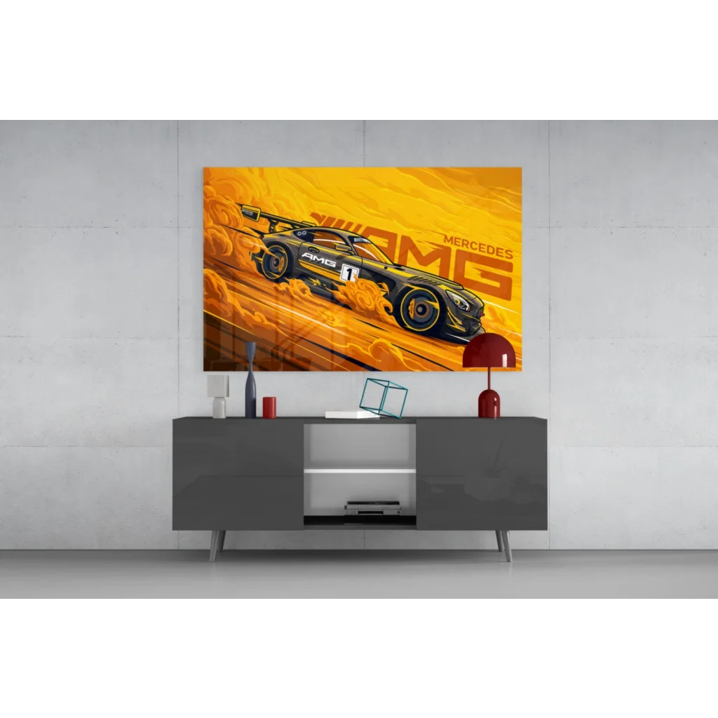 Vibrant yellow black Mercedes AMG race car poster with dynamic flames wall art