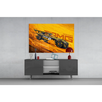 Vibrant yellow black Mercedes AMG race car poster with dynamic flames wall art