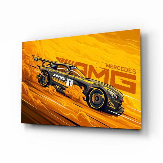 Vibrant orange Mercedes-AMG race car canvas wall art with flames