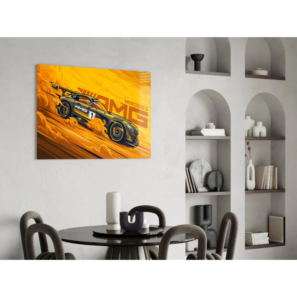 Vibrant yellow black Mercedes-AMG race car wall art poster with flames