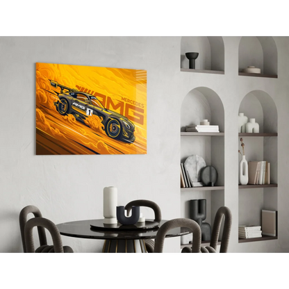 Vibrant yellow black Mercedes-AMG race car wall art poster with flames
