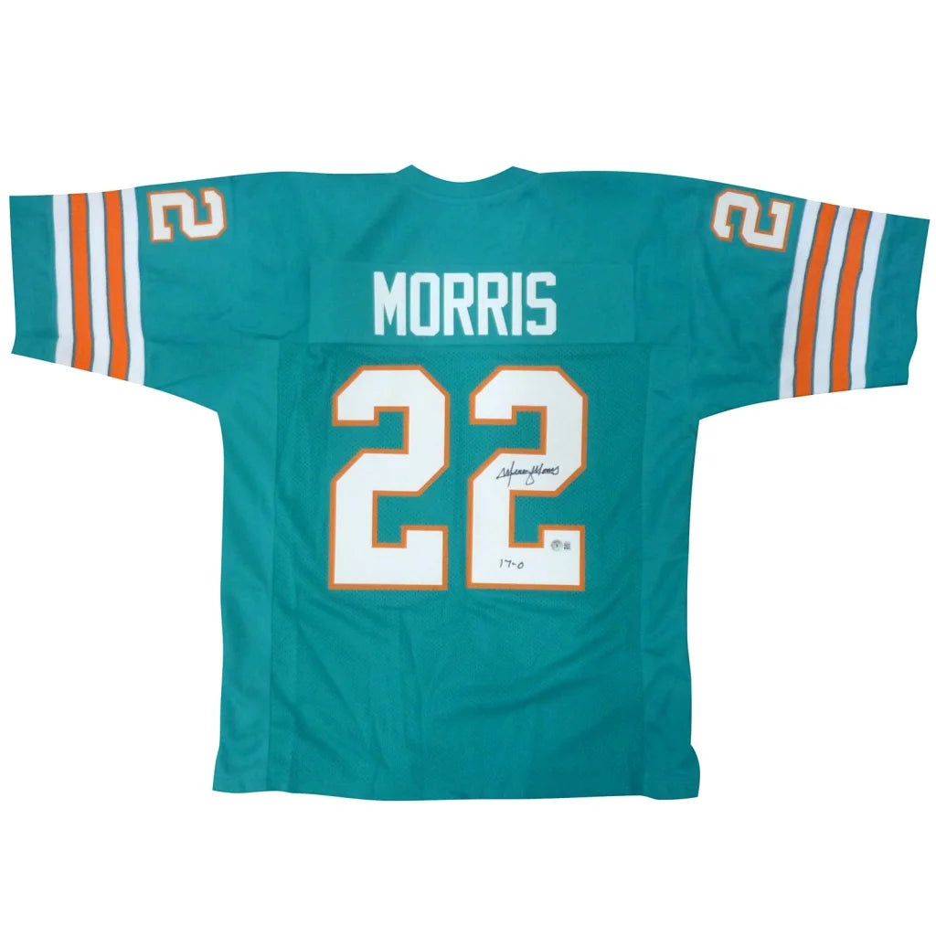 Teal Miami Dolphins custom jersey signed by Mercury Morris, 1972 style