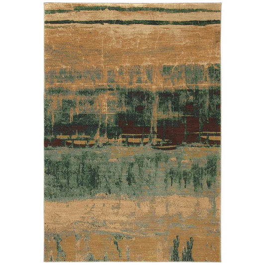 Mericourt Teal abstract geometric area rug with earthy tan, olive, and burgundy stripes