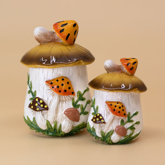 Pair of hand-painted mini mushroom canisters