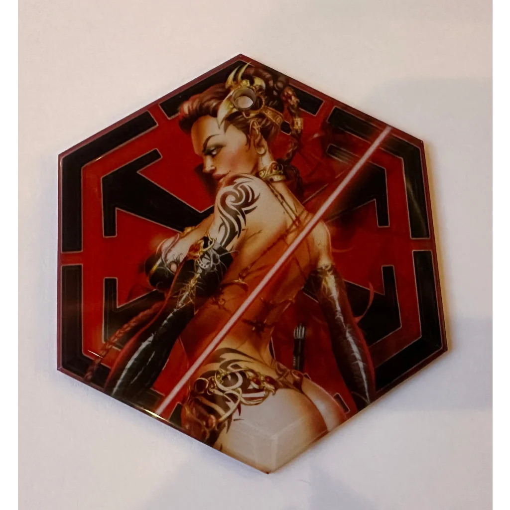 Red hexagonal metal coaster for Merry Sithmas glass ornaments