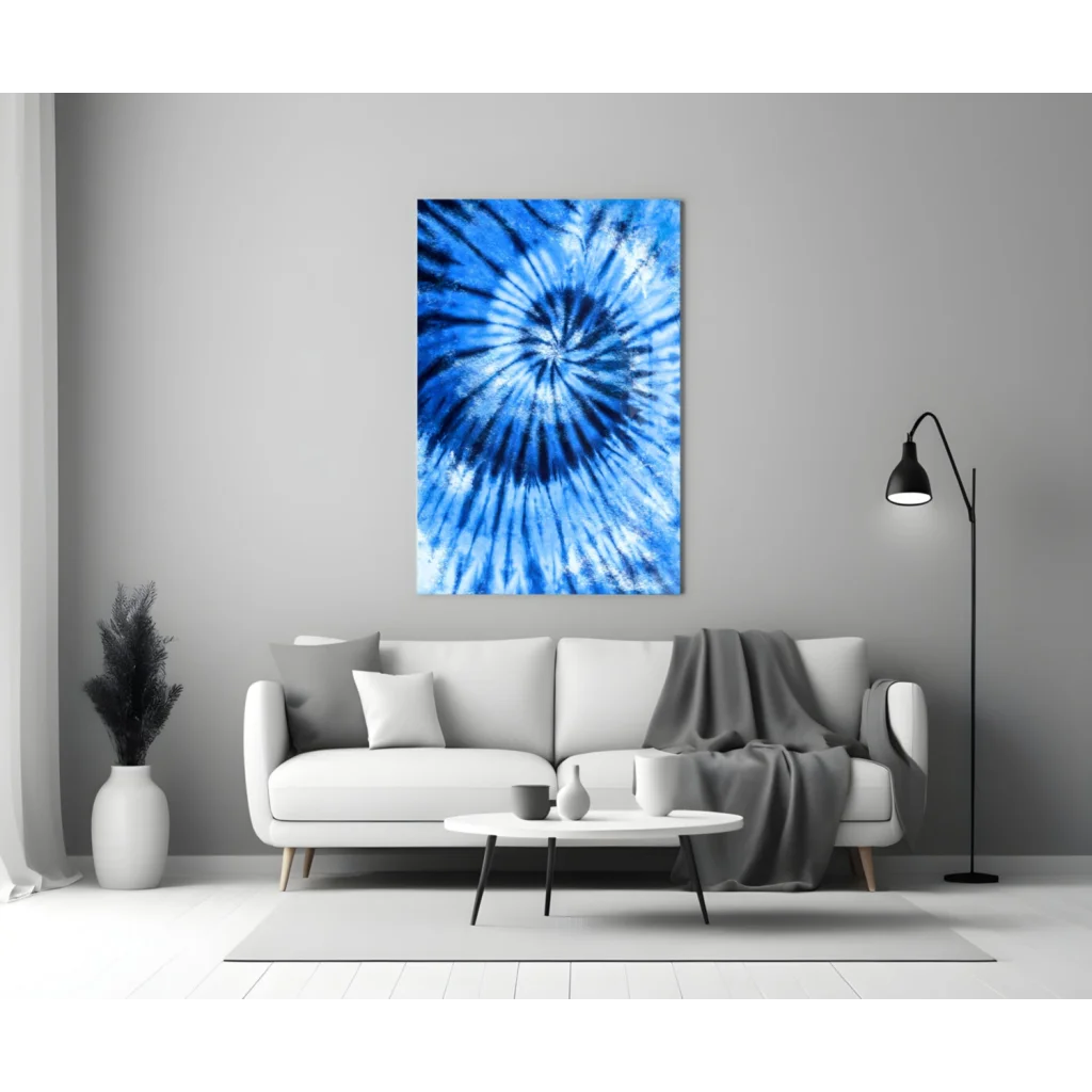 Mesmerizing blue spiral tie-dye canvas wall art with white accents