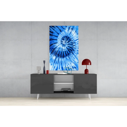 Mesmerizing blue spiral tie-dye canvas wall art with white accents