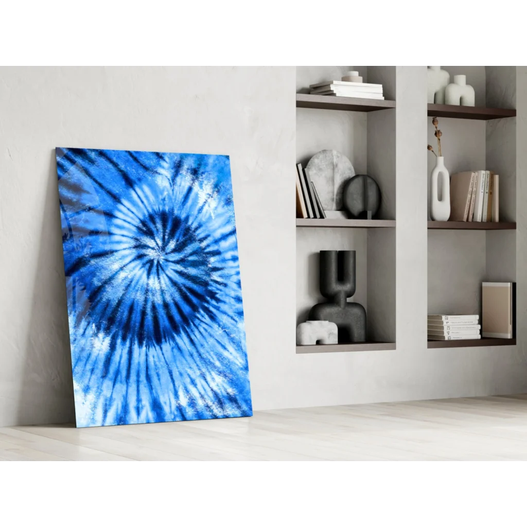 Mesmerizing blue spiral tie-dye canvas wall art with swirling patterns