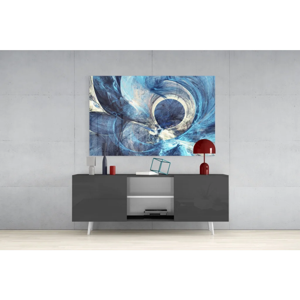 Abstract blue swirl glass wall art canvas above dark gray console