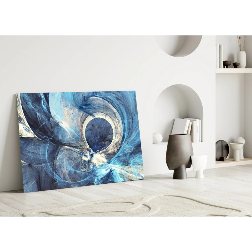 Vibrant blue swirl glass wall art canvas with swirling hues and central motif