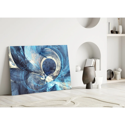 Vibrant blue swirl glass wall art canvas with swirling hues and central motif