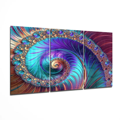 Vibrant turquoise purple gold 3-panel fractal spiral glass wall art