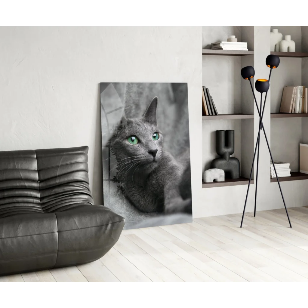 Gray cat portrait with striking green eyes on glass wall art