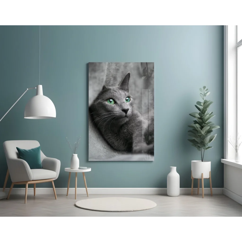 Mesmerizing green eyed gray cat glass wall art portrait